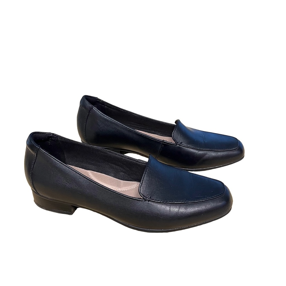 Clarks Womens Juliet Loafer Sz 7.5 Black Leather Flat Comfort Shoe EUC